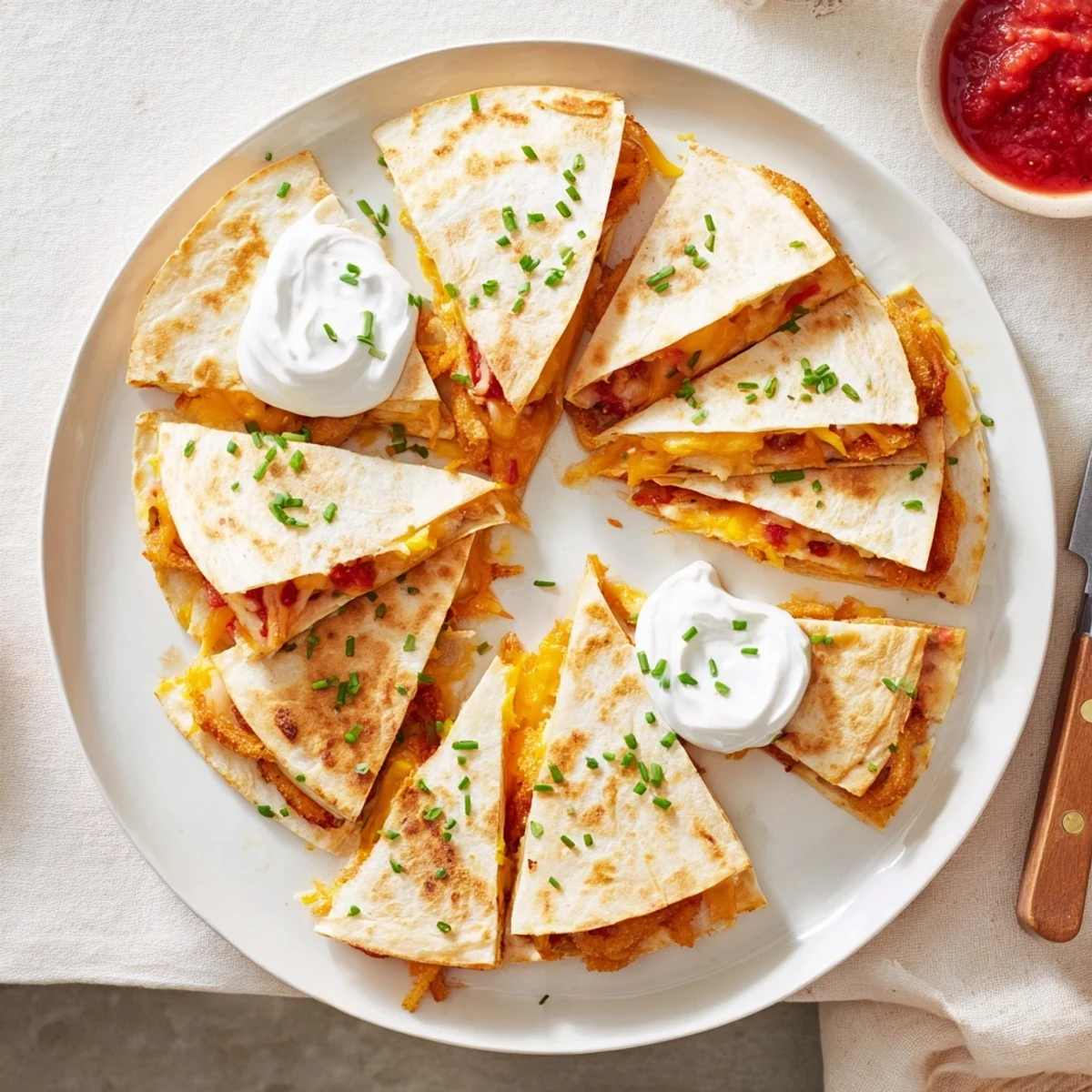 Tex-Mex quesadilla featuring crunchy fried onion chips and bubbling cheese blend in warm tortilla