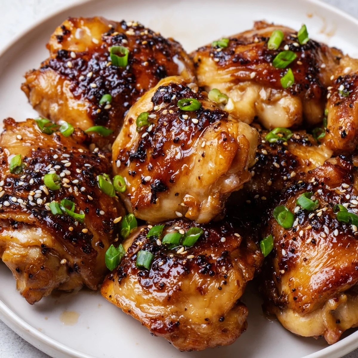 Golden garlic black pepper chicken thighs garnished with fresh green onions and sesame seeds
