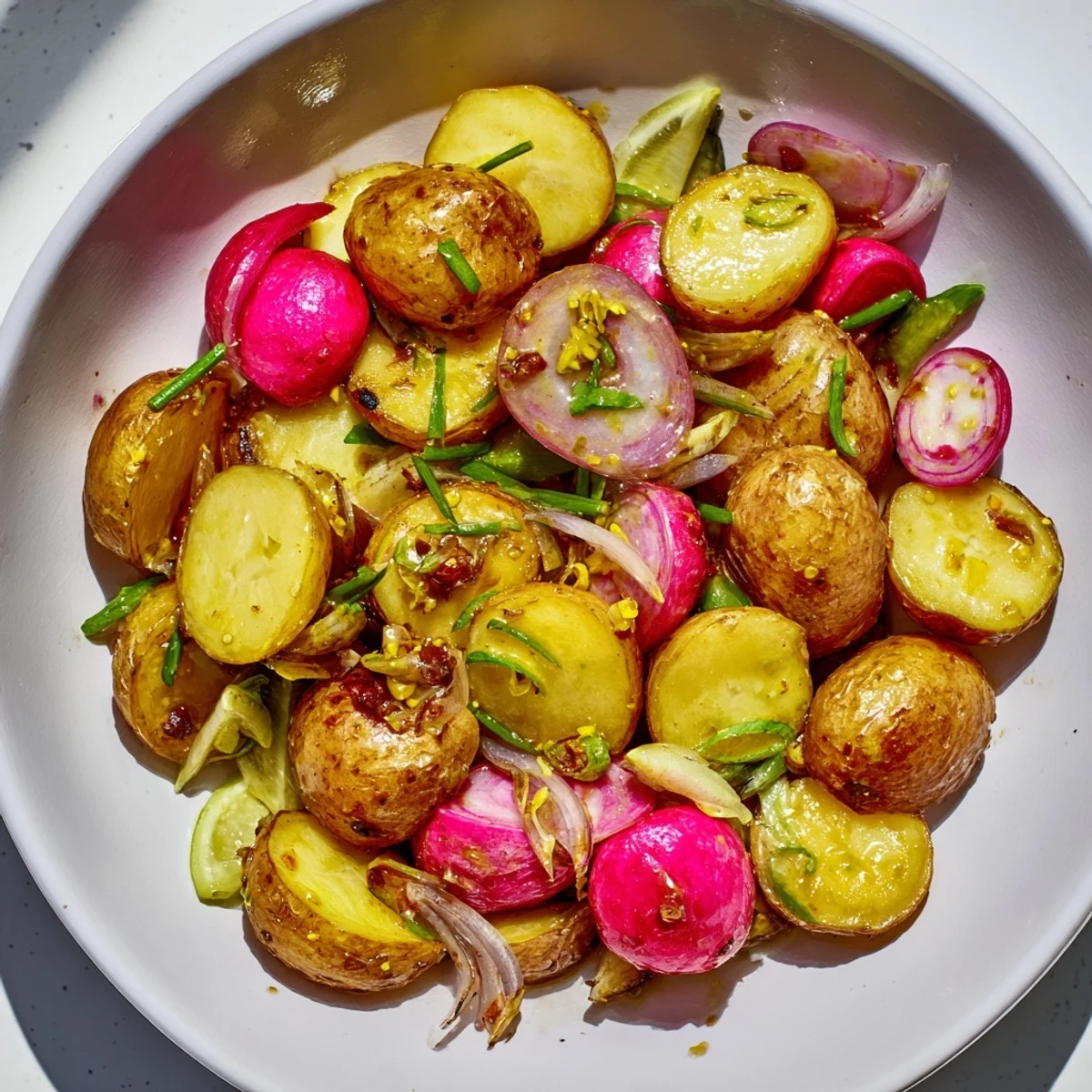 Golden roasted potato salad tossed with fresh herbs and tangy mustard dressing in a white serving bowl