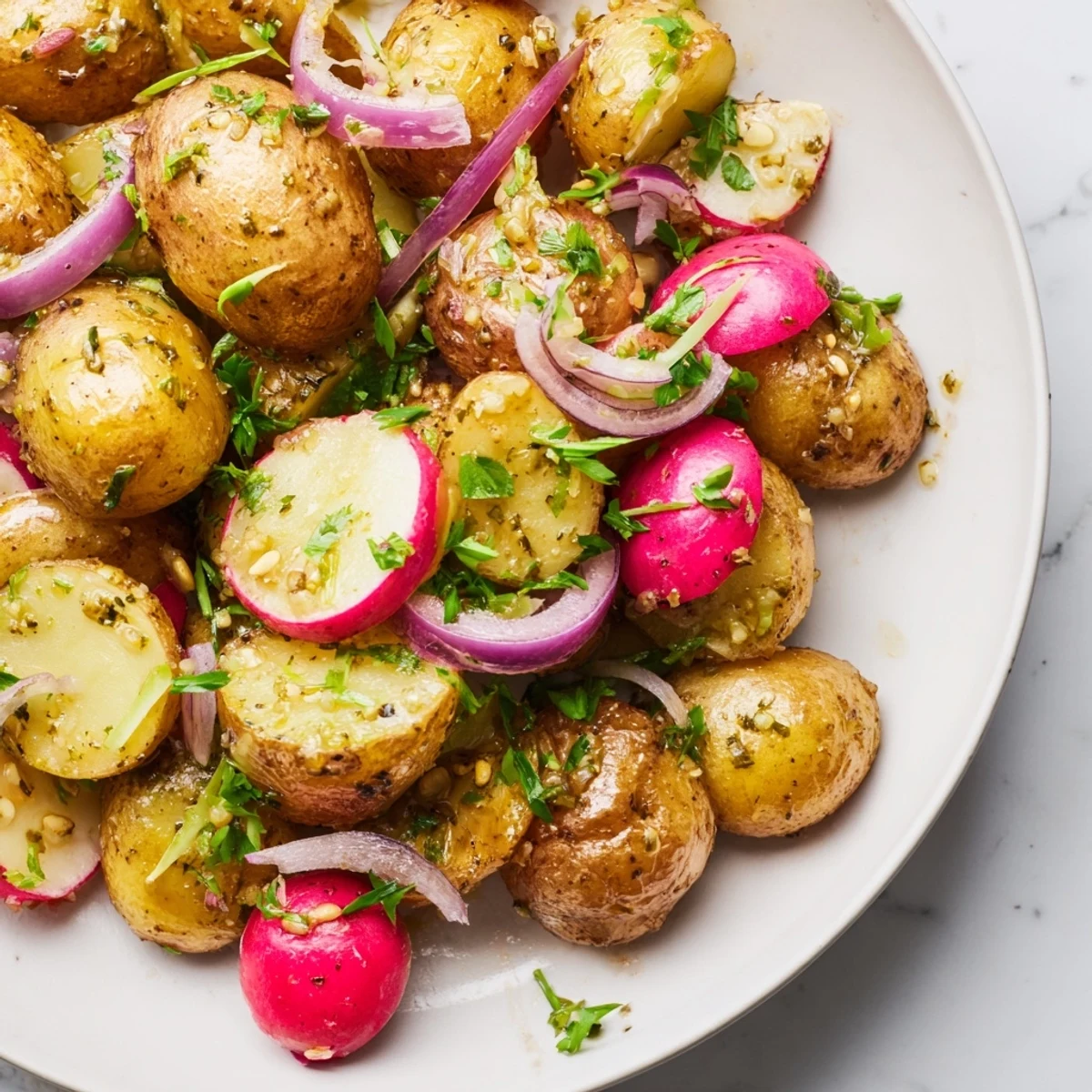 Crispy oven-roasted potatoes mixed with crunchy vegetables and bright chives for a summer picnic side dish