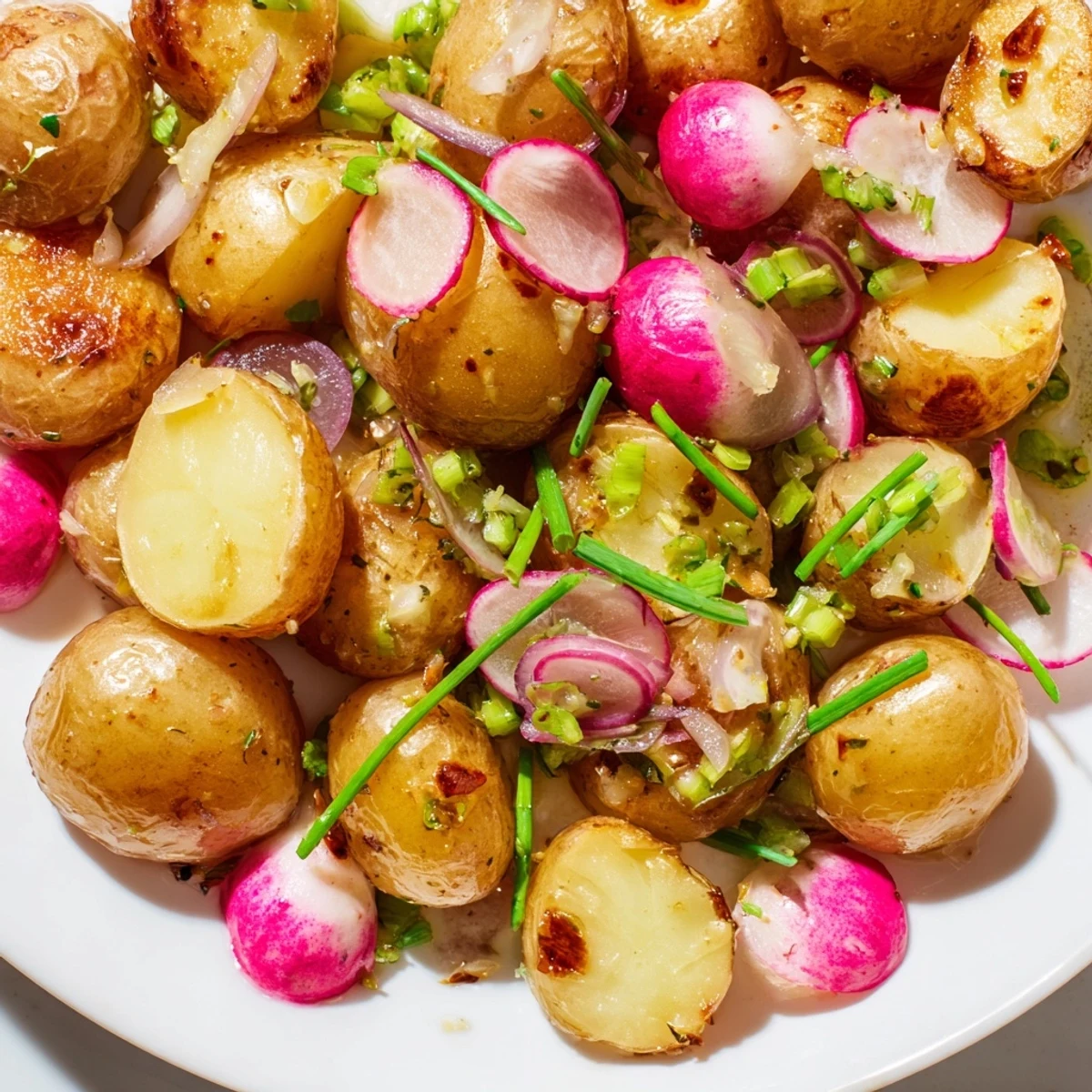 Warm roasted potato salad with red onion and parsley drizzled with zesty Dijon vinaigrette