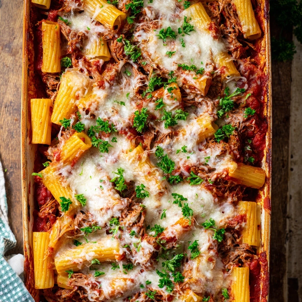 Golden cheesy chuck roast pasta bake with tender shredded beef and rich tomato sauce bubbling in baking dish