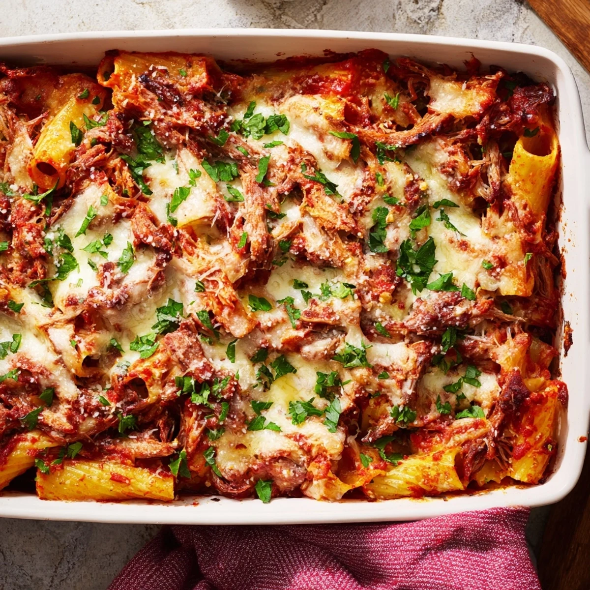 Comforting chuck roast pasta bake featuring layers of rigatoni melted mozzarella and slow-cooked beef in savory red sauce