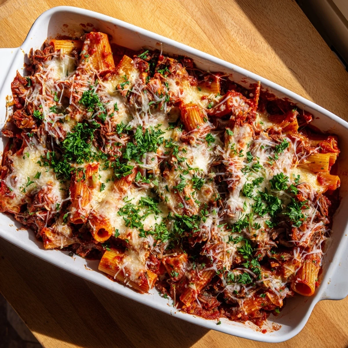 Hearty chuck roast pasta bake topped with golden parmesan and fresh parsley served piping hot for family dinner