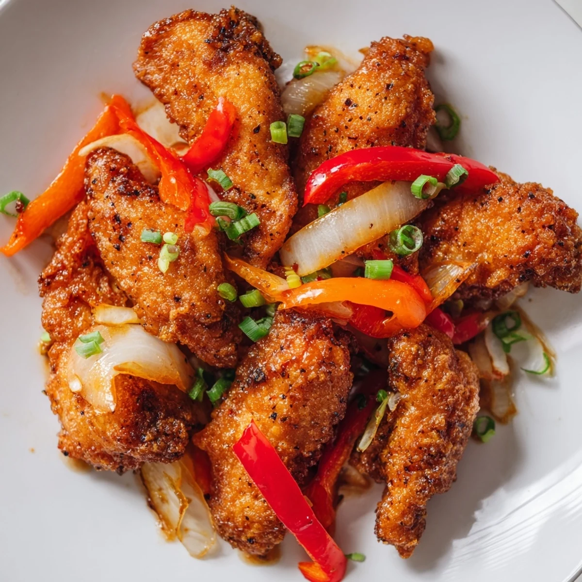 Golden fried crispy pepper chicken pieces tossed with peppers in a savory black pepper sauce