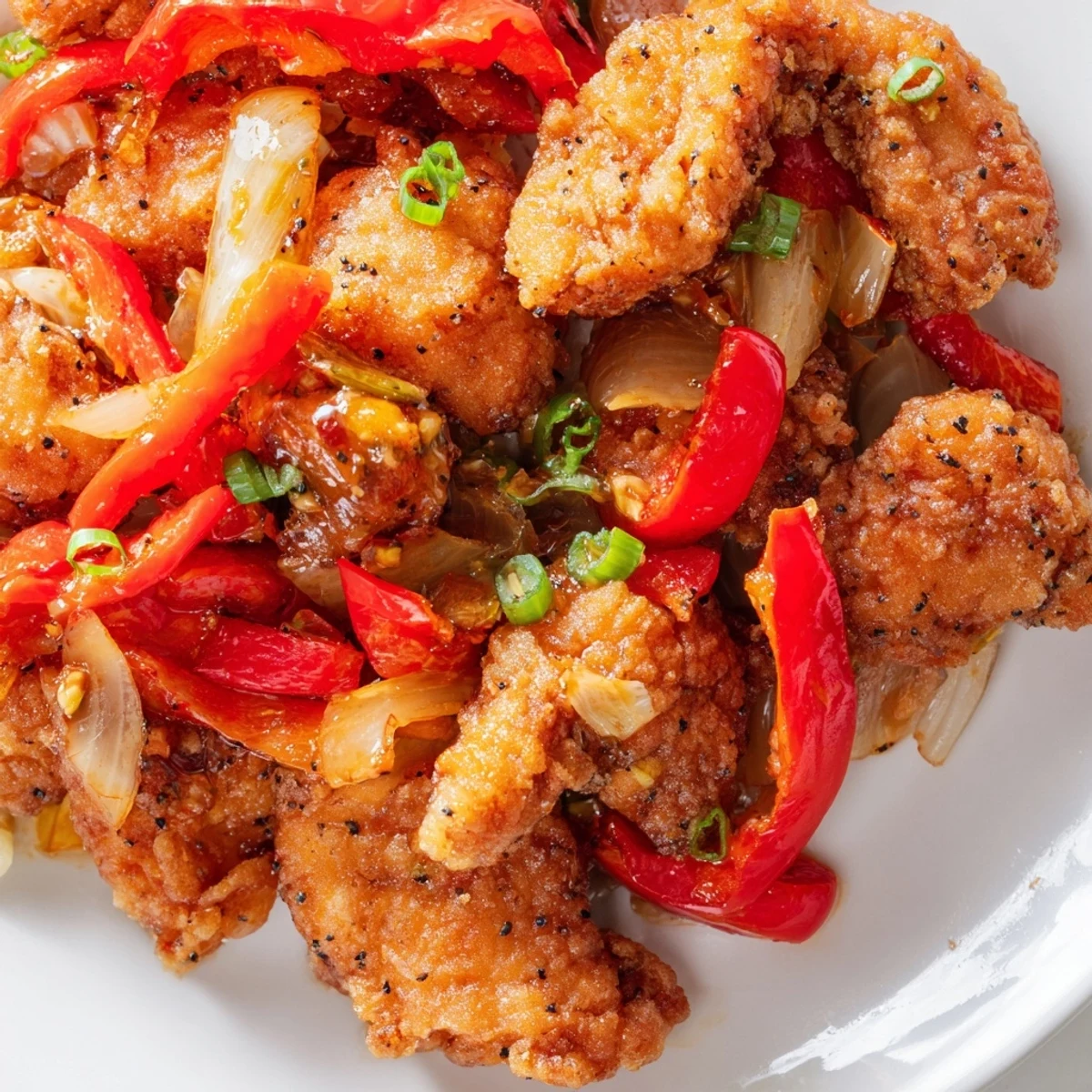 Juicy chicken coated in crispy batter served with colorful vegetables and aromatic cracked pepper