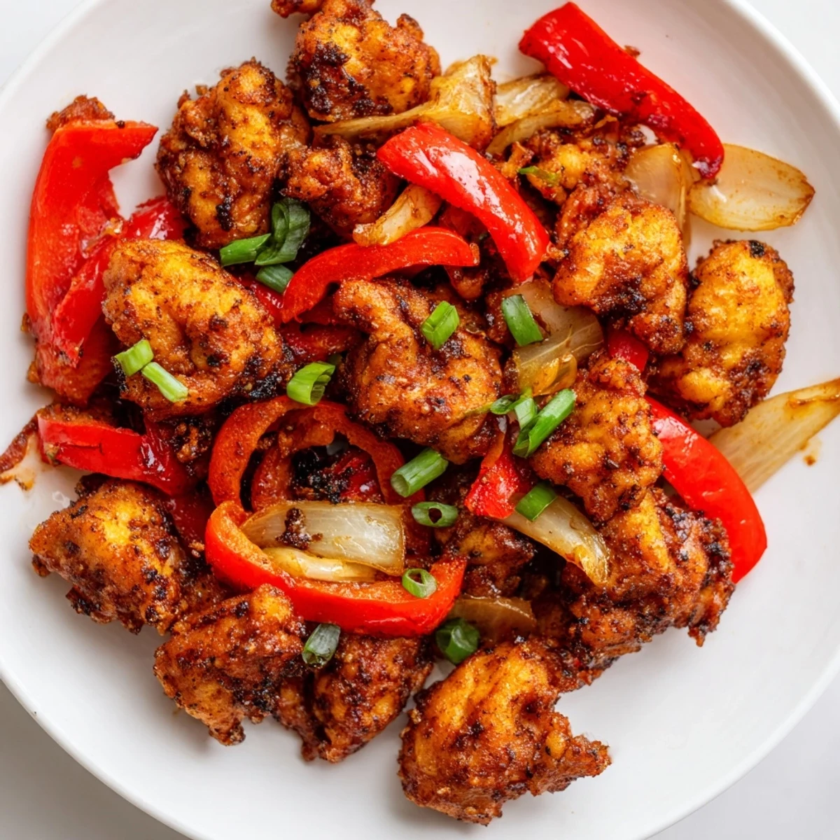 Asian-style crispy pepper chicken dish featuring golden fried pieces with fresh bell peppers and onions