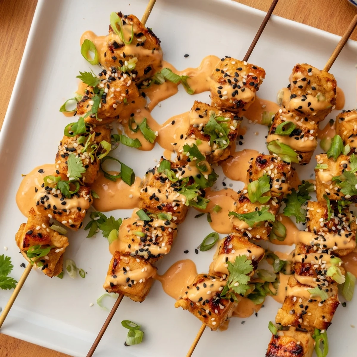 Golden grilled Bang Bang chicken skewers drizzled with creamy spicy sauce and sesame seeds
