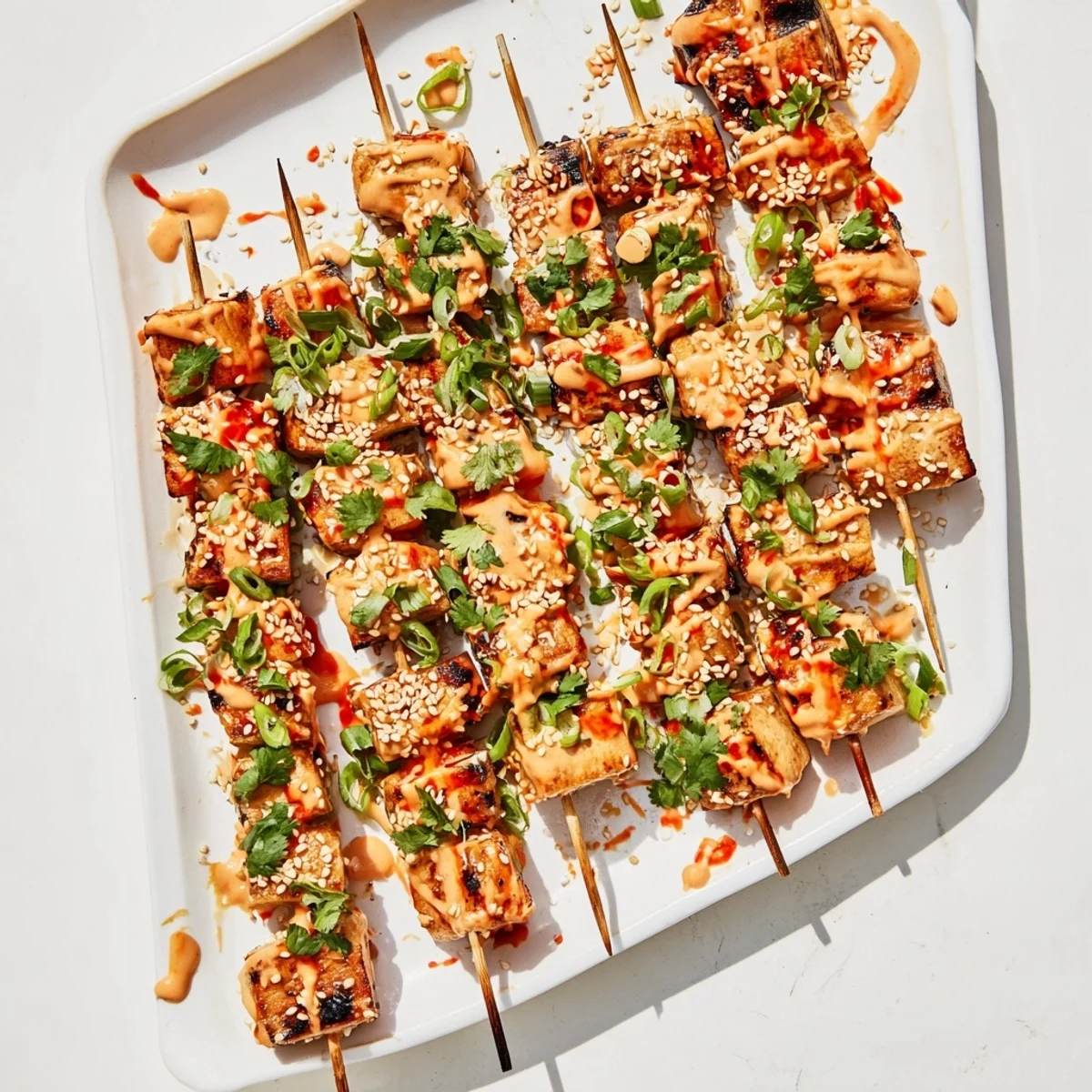 Juicy Bang Bang chicken skewers on a white plate topped with scallions and cilantro