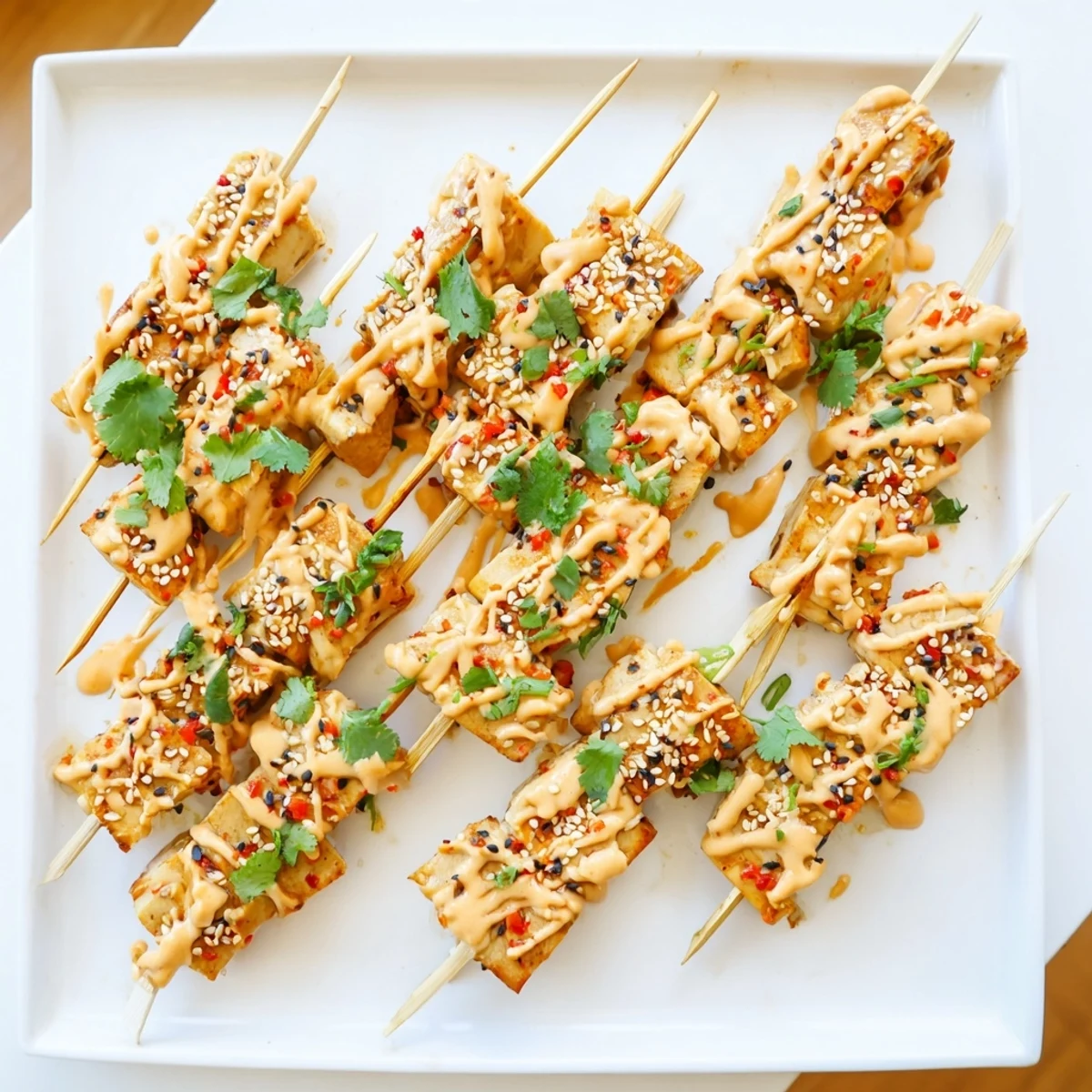 Charred Bang Bang chicken skewers coated in sweet chili mayonnaise sauce with fresh garnishes