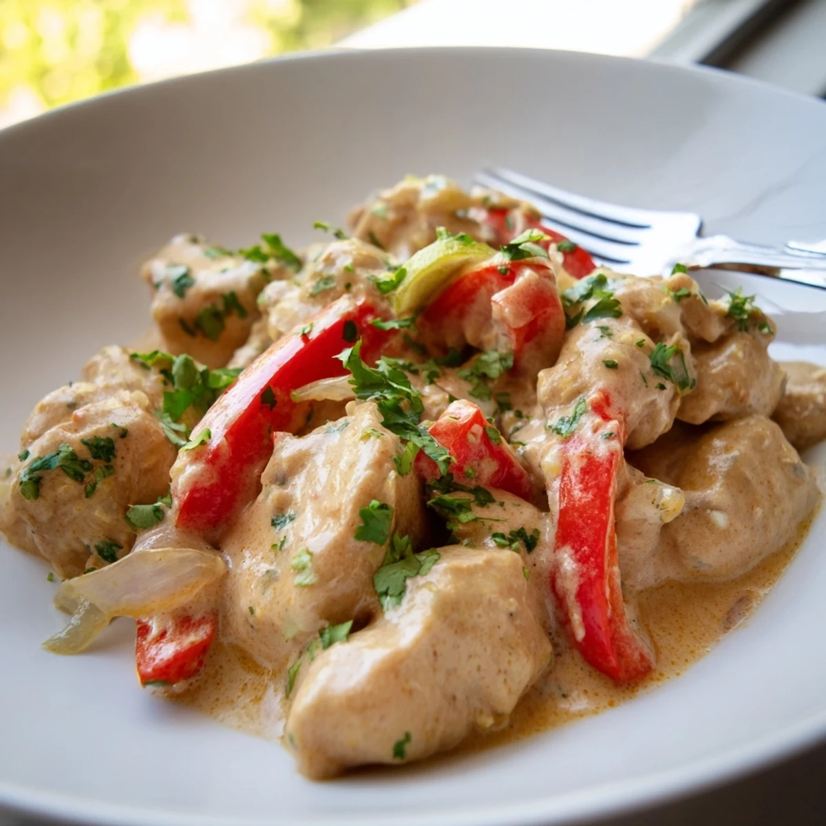 Tender chicken simmered in rich coconut milk sauce with colorful bell pepper slices and lime wedges on white plate