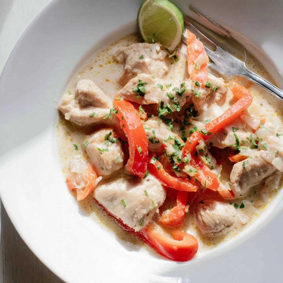 Golden Brazilian Coconut Chicken pieces swimming in creamy white coconut sauce with red bell peppers and fresh green cilantro garnish