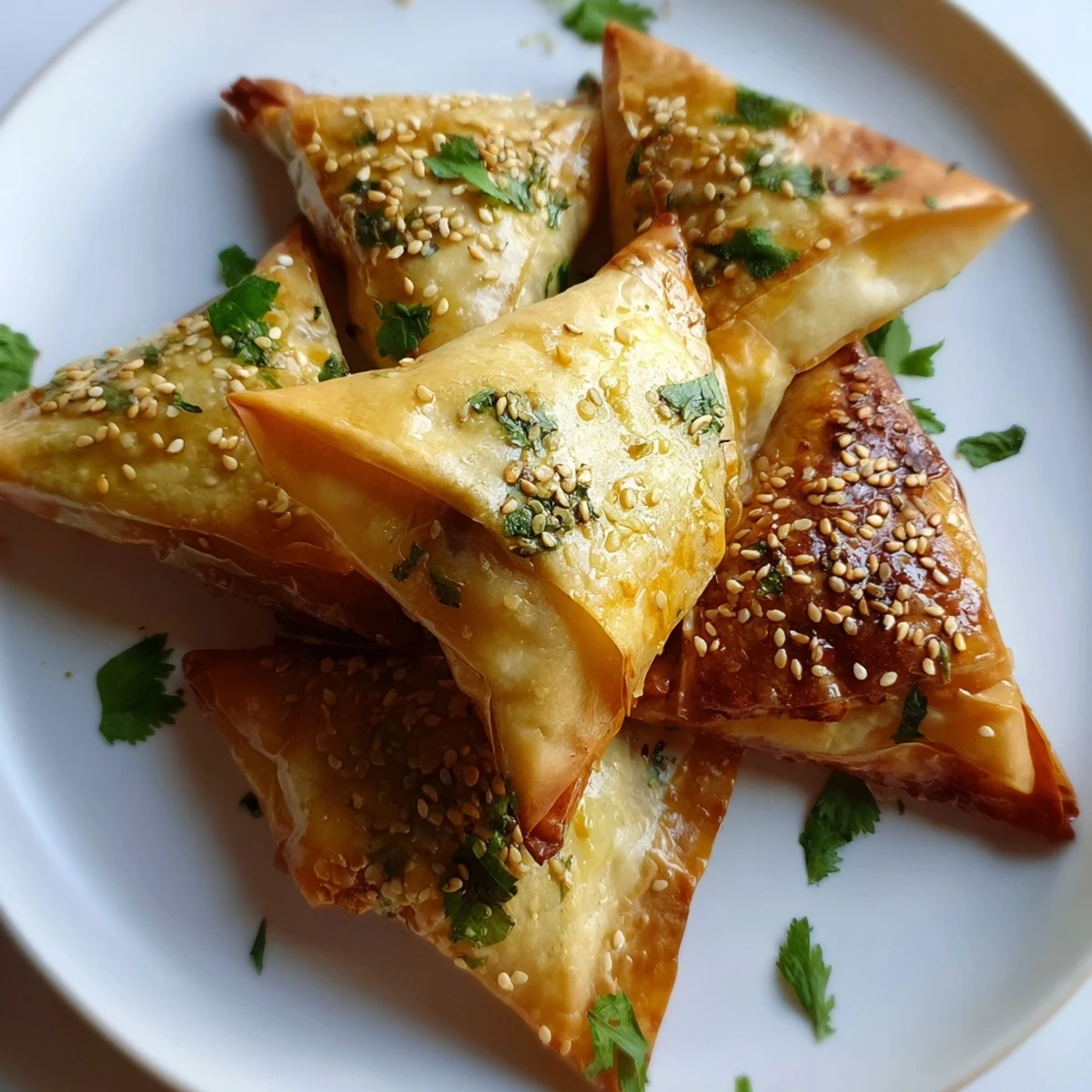 Crispy phyllo pastry triangles filled with aromatic spiced chicken and fresh herbs
