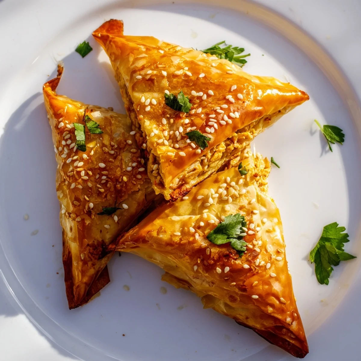 Golden brown Moroccan chicken briouats arranged on a serving platter with honey glaze