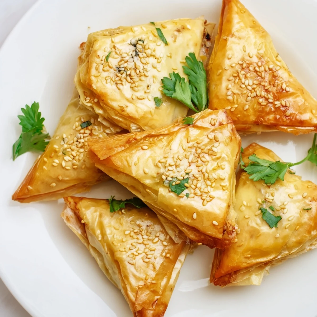 Baked chicken briouats sprinkled with sesame seeds, served as Moroccan appetizer