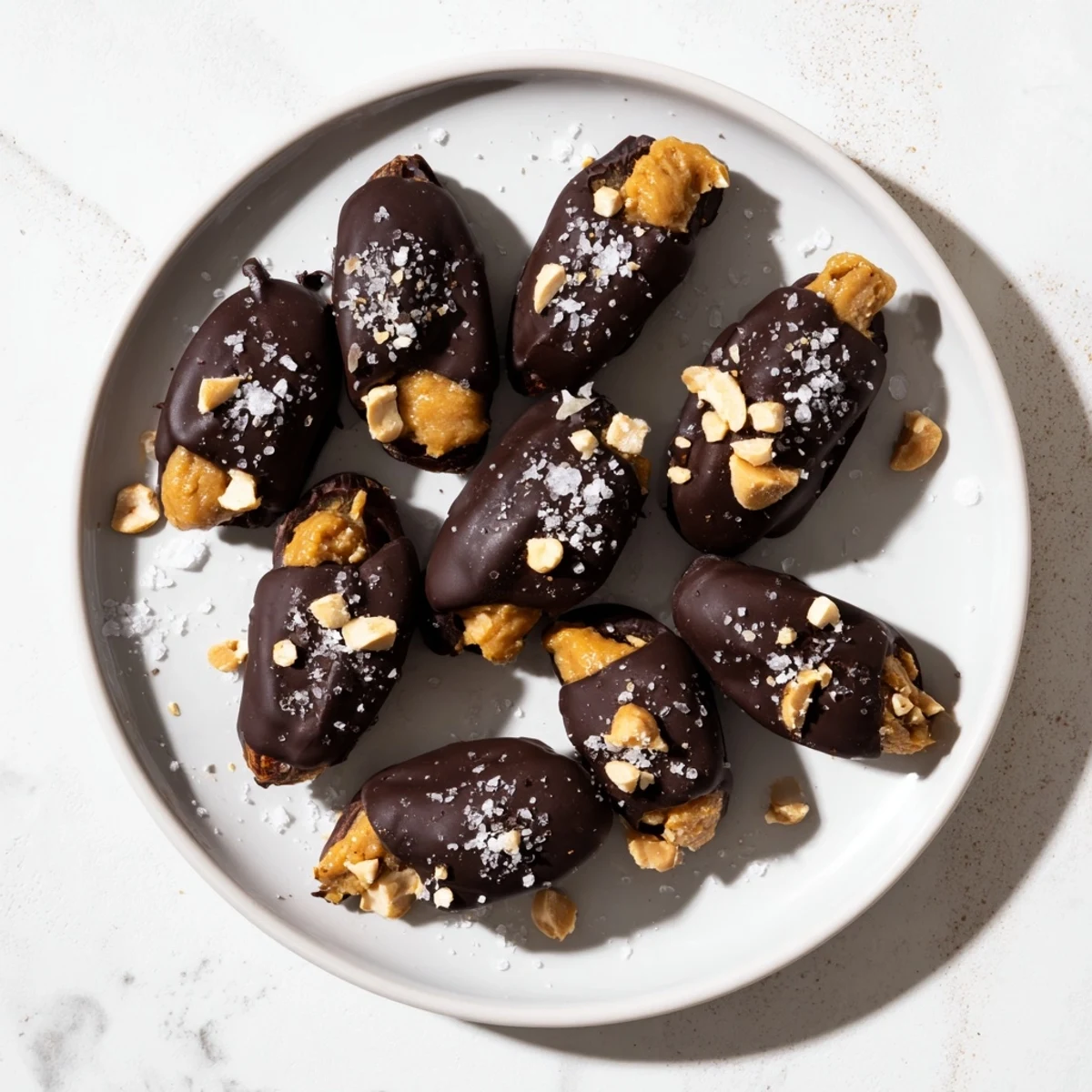 Chocolate-coated Date Snickers sprinkled with flaky sea salt on a white plate