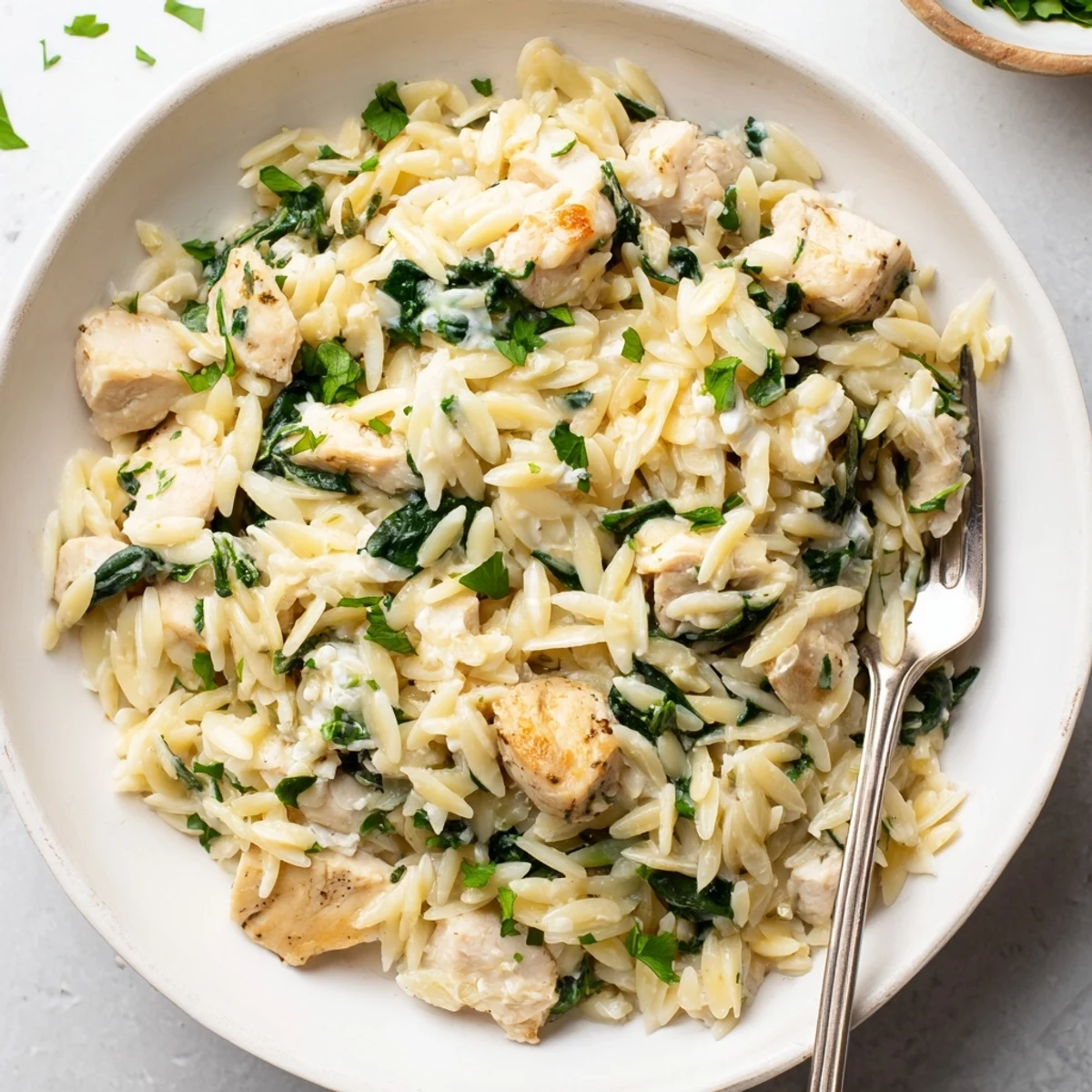 Golden chicken pieces simmered with Boursin cheese orzo and wilted fresh spinach