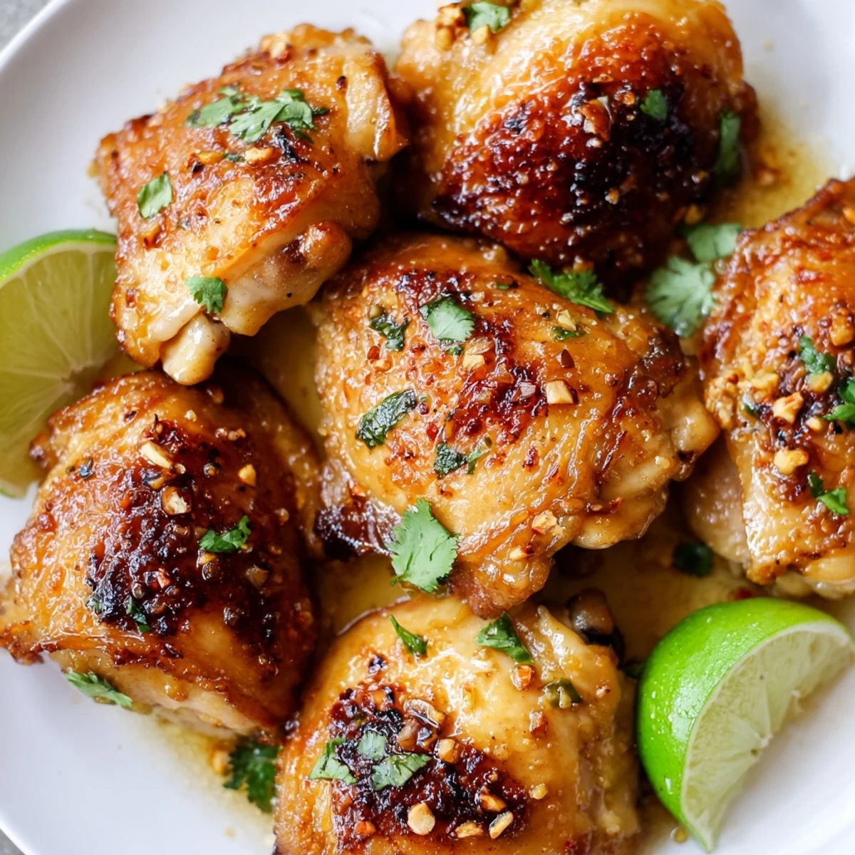 Oven-roasted Cuban mojo chicken thighs glistening with citrus marinade served with lime wedges and herbs