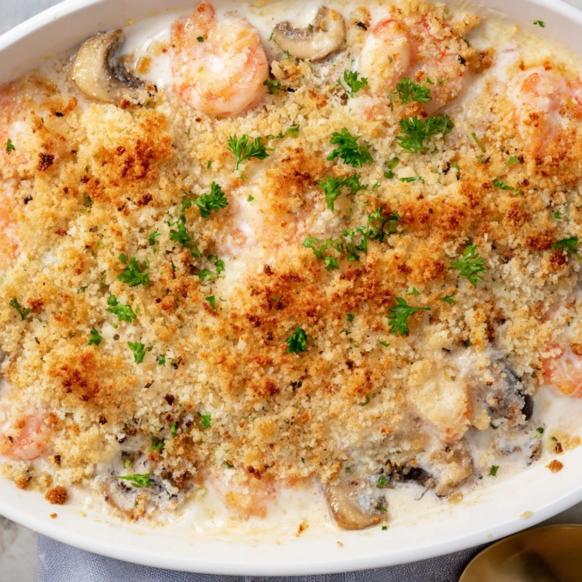 Golden brown shrimp mushroom casserole topped with crispy buttery panko breadcrumbs in a baking dish