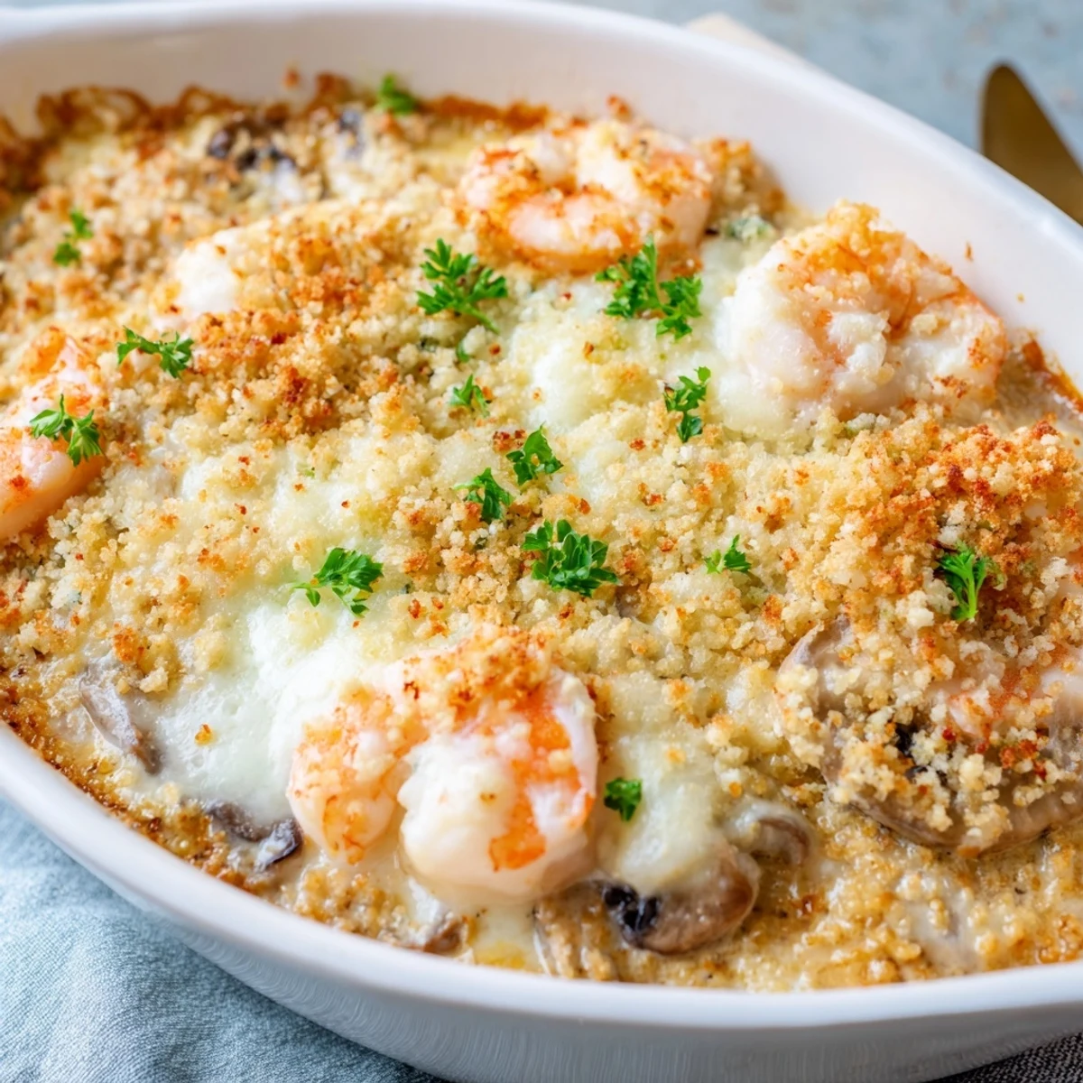 Bubbling shrimp mushroom casserole with melted mozzarella and parmesan cheese fresh from the oven