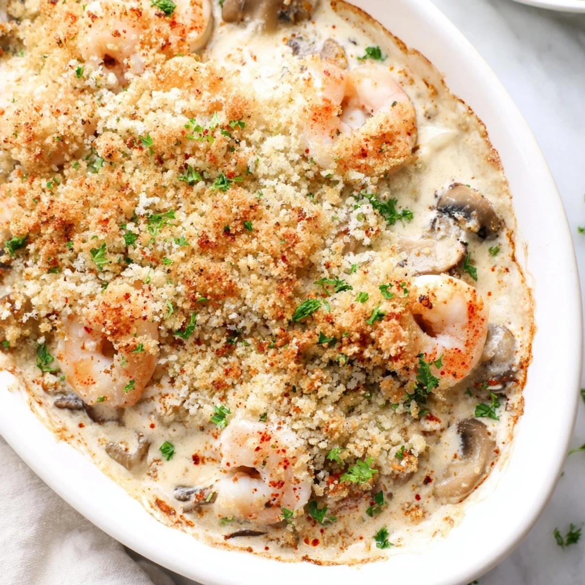 Creamy baked shrimp mushroom casserole featuring tender shrimp and sliced mushrooms in a rich sour cream sauce