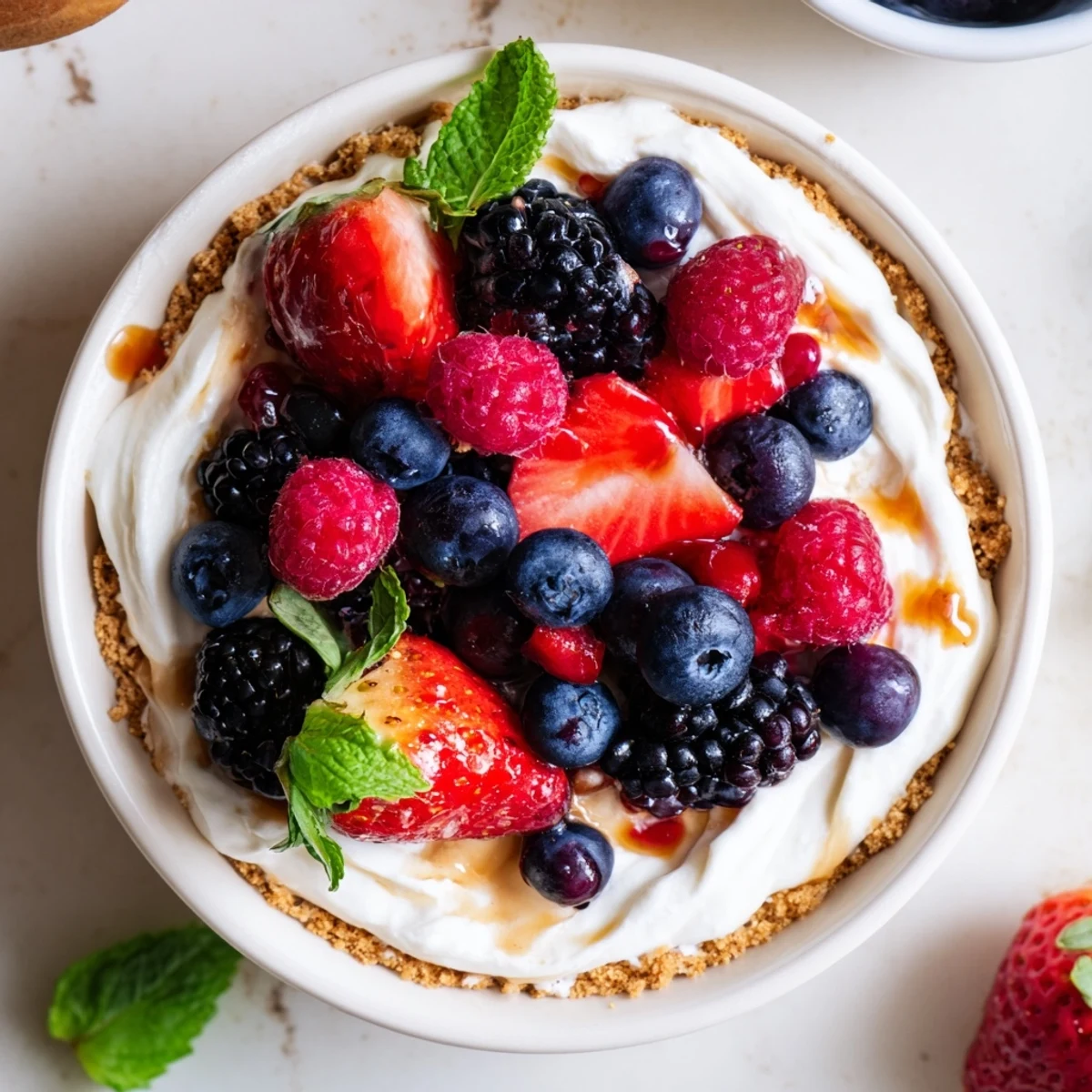 Individual portions of no bake berry cheesecake bowls topped with juicy strawberries blueberries and raspberries