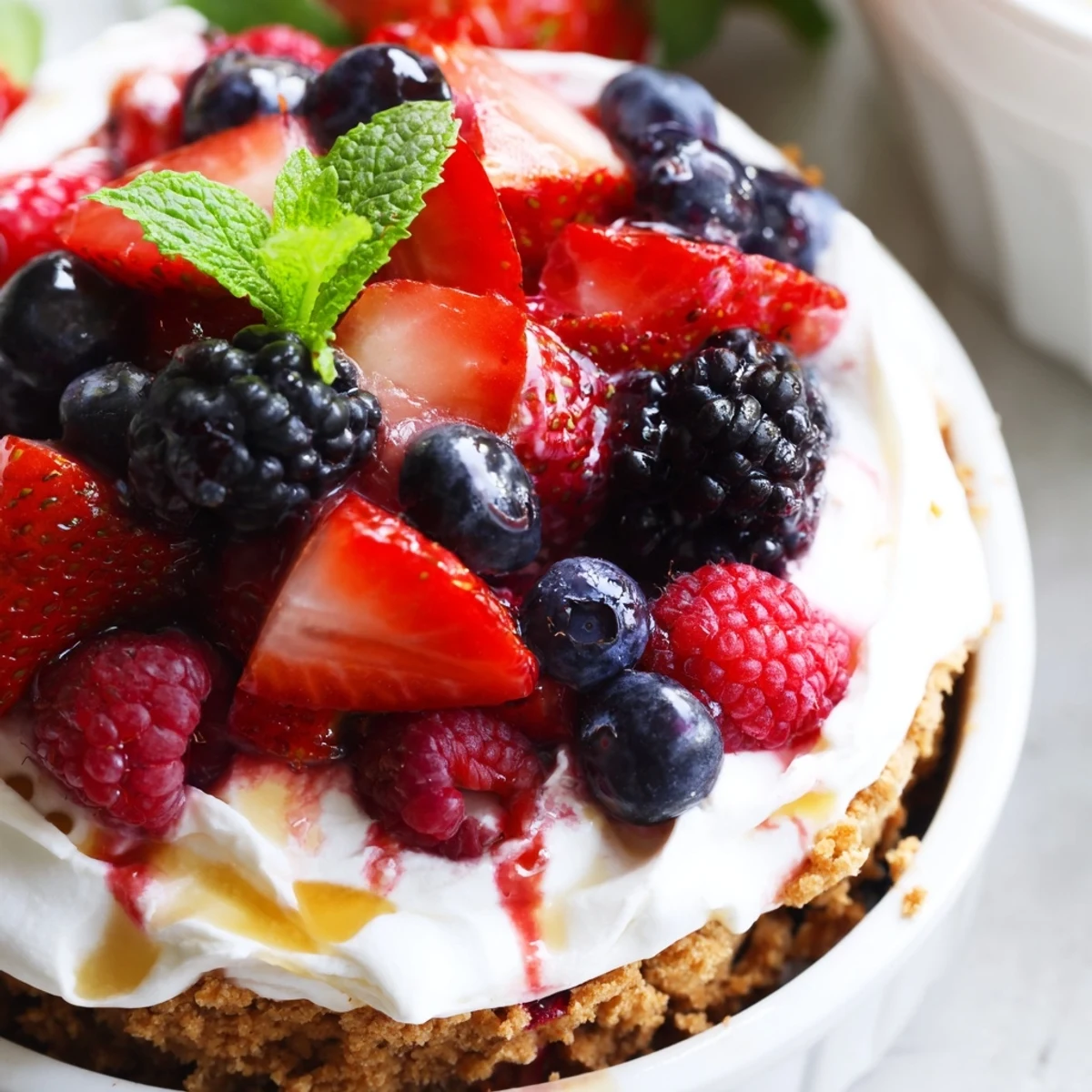 Glass serving bowls displaying no bake berry cheesecake with fluffy cream cheese filling and sweet honey glazed fruit