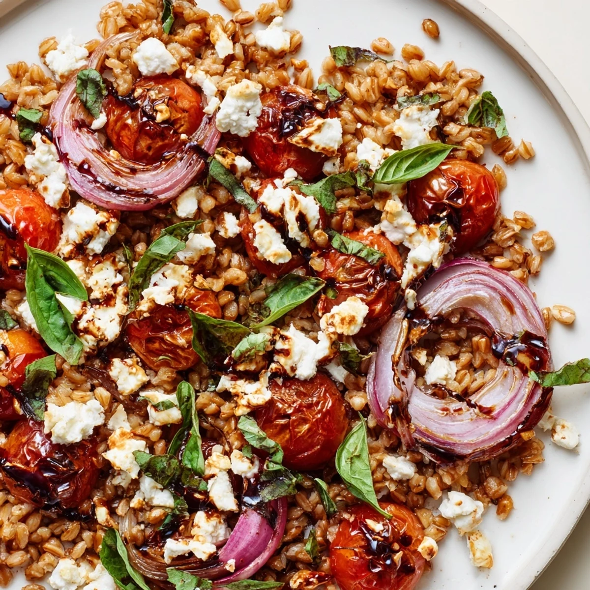 Golden slow-roasted tomatoes tossed with nutty farro and fresh herbs in a vibrant Mediterranean salad bowl
