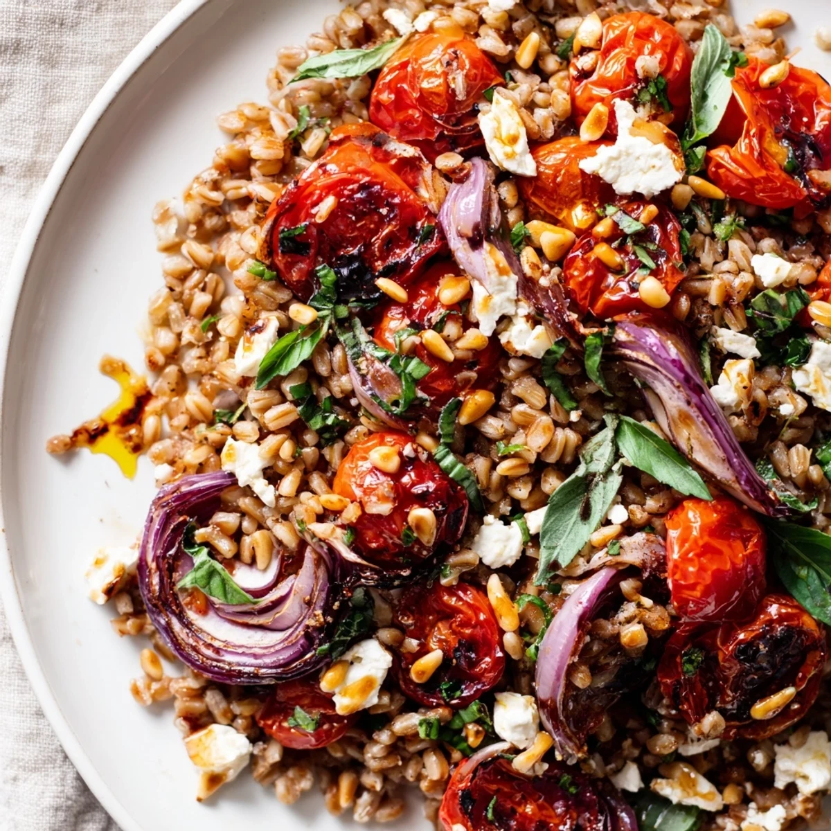 Hearty slow roasted tomato farro salad topped with crumbled feta and baby arugula on a white serving platter