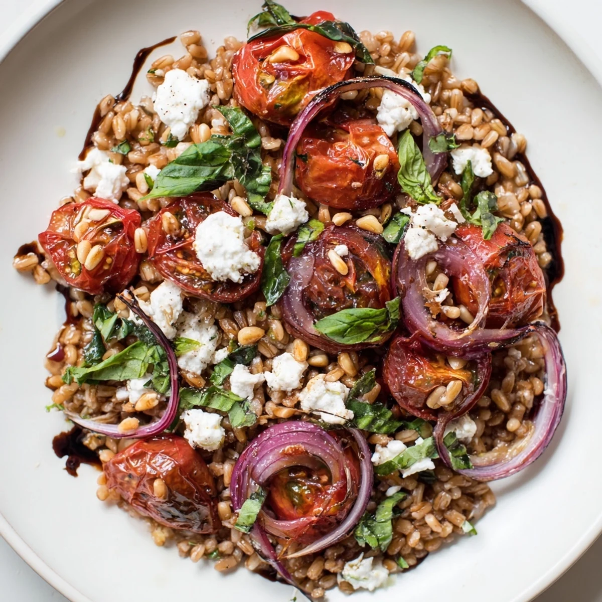 Colorful bowl of wholesome farro salad featuring sweet roasted tomatoes, red onion, and fresh basil garnish