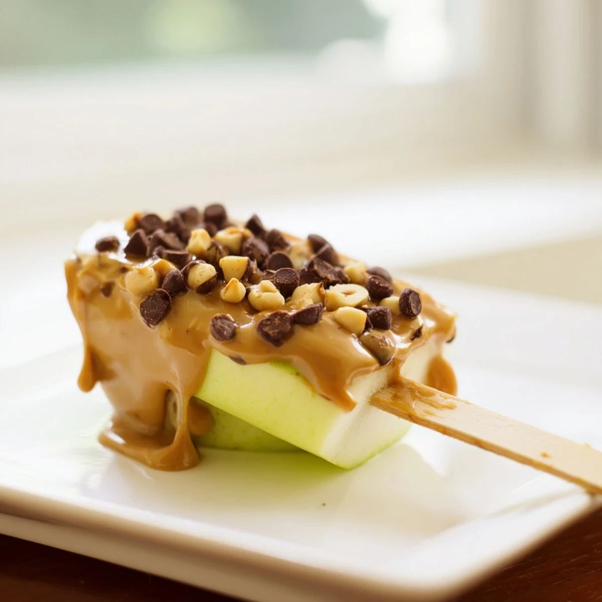 Golden peanut butter caramel apple pops topped with crunchy chocolate chips and roasted peanuts