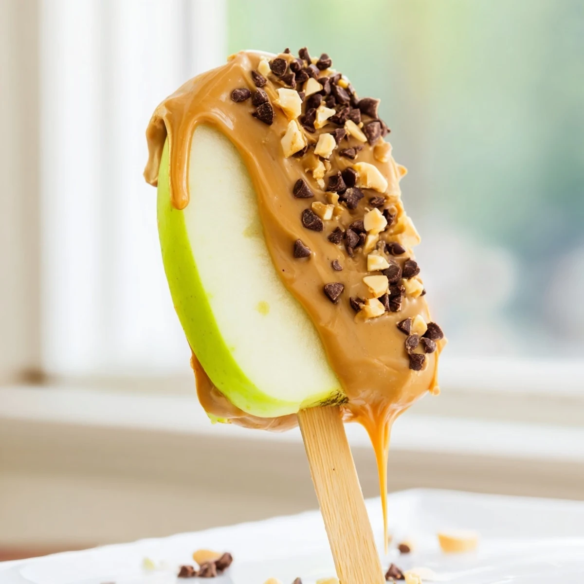 Crisp apple slices on sticks coated in warm peanut butter and gooey caramel with colorful sprinkles