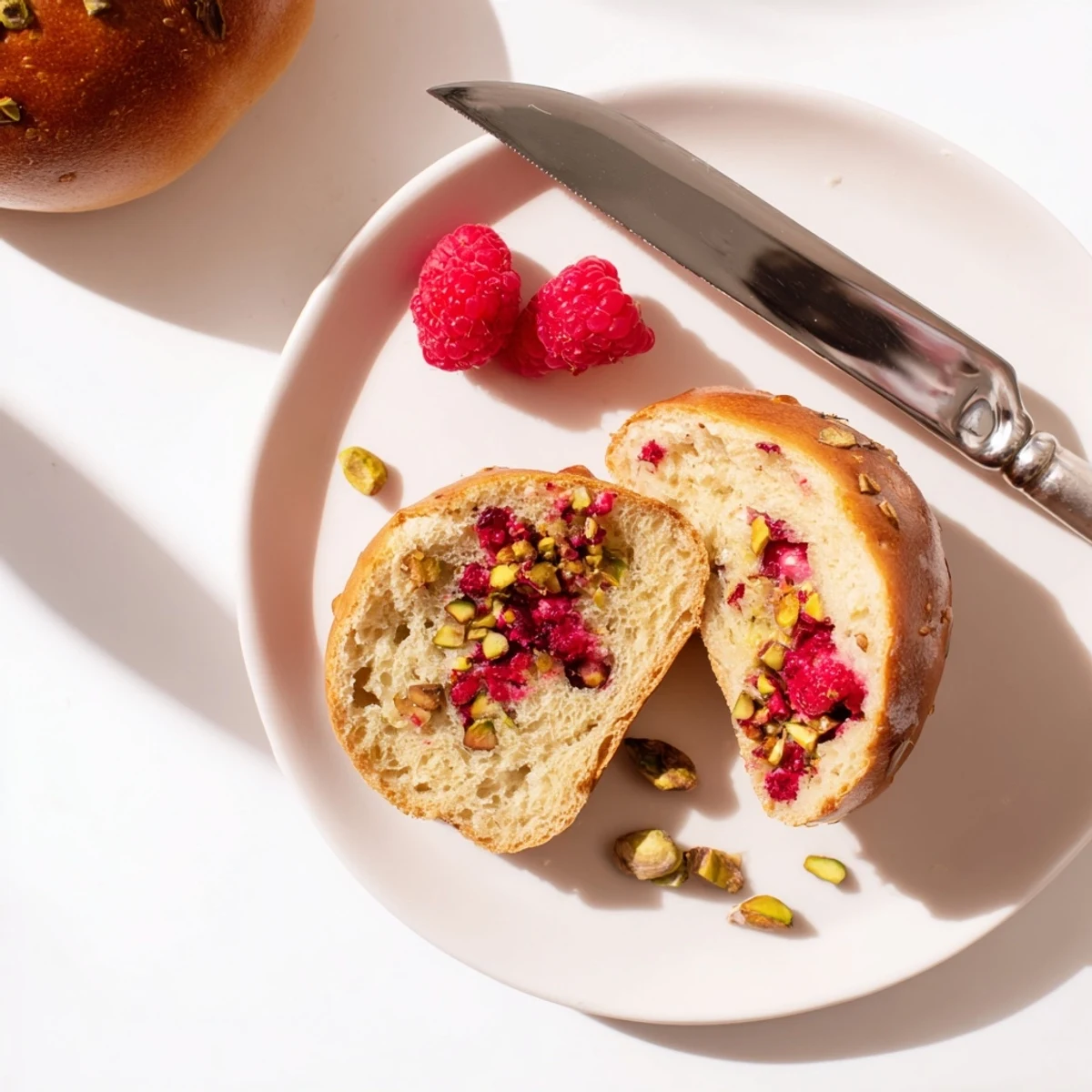 Freshly baked Raspberry Pistachio Sourdough Bagels golden brown with vibrant berry pieces and green nut speckles