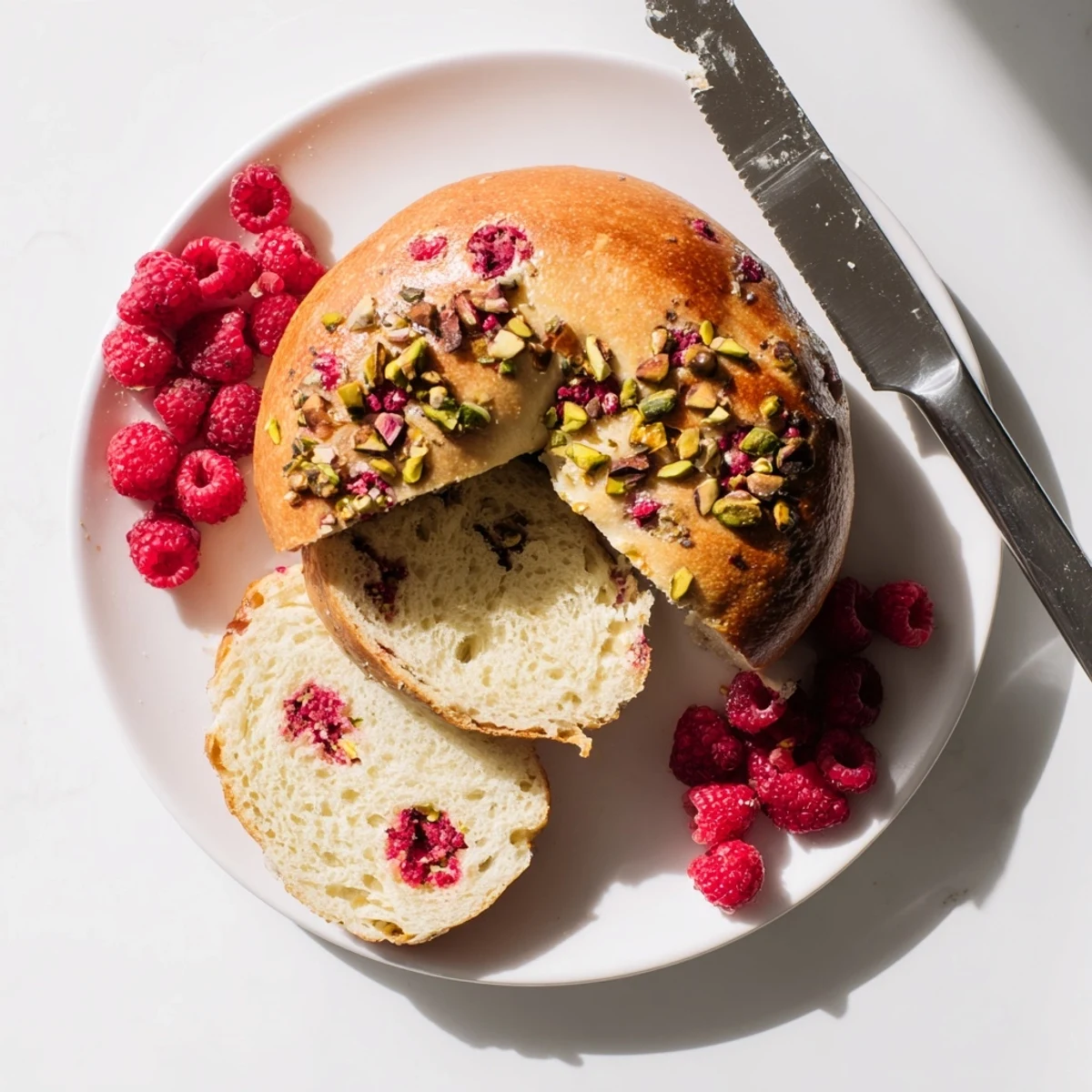 Chewy artisan bagels topped with extra chopped pistachios and freeze-dried raspberries on a wooden board
