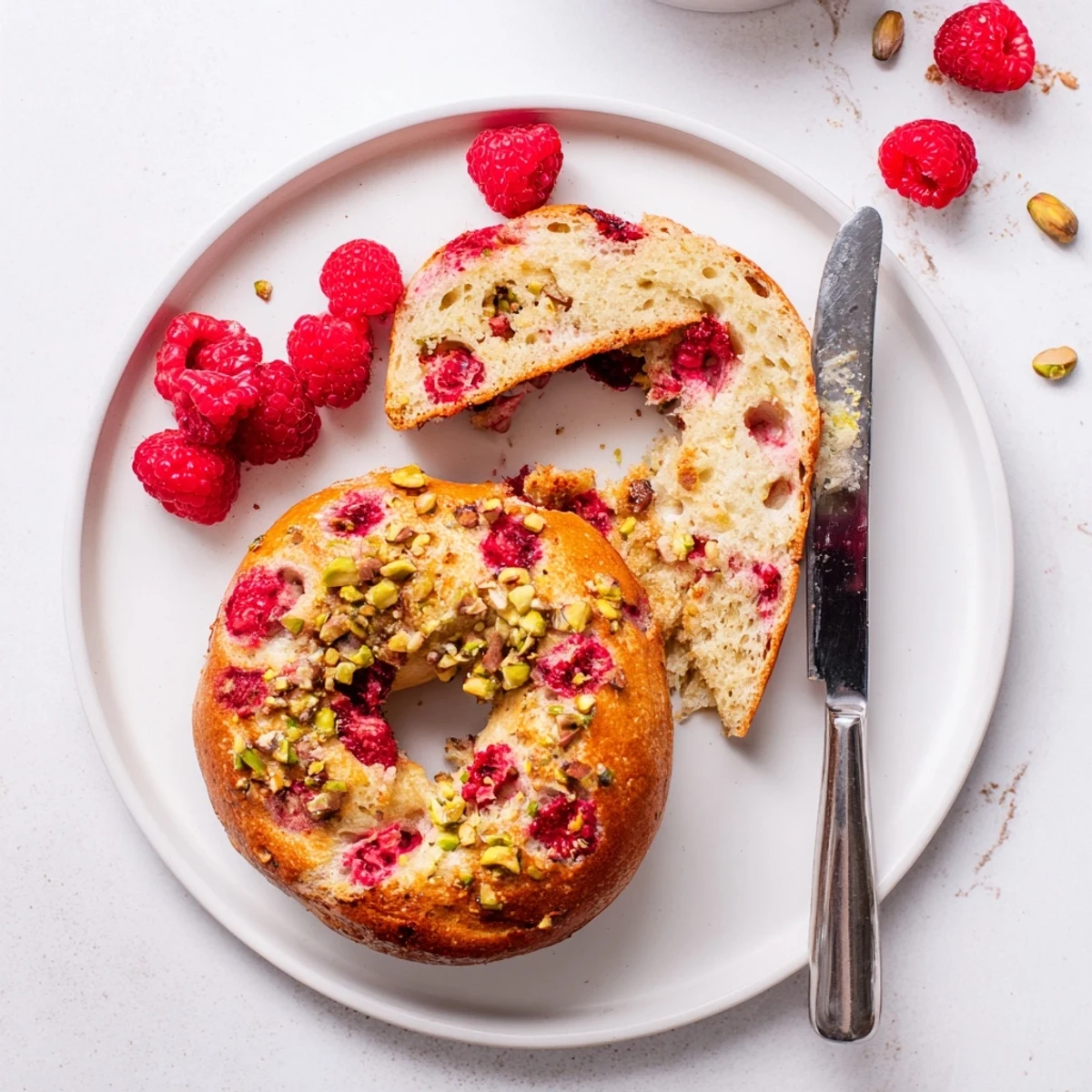 Sliced Raspberry Pistachio Sourdough Bagel spread with cream cheese displaying the soft interior and colorful mix-ins