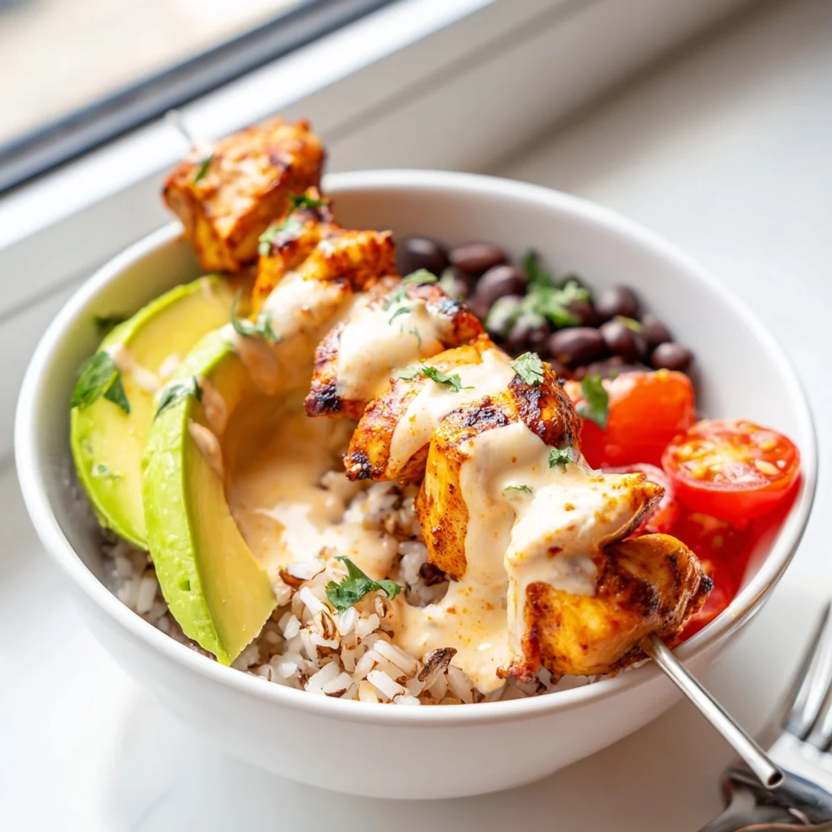Grilled smoky chicken skewer bowl recipe served over warm brown rice, cilantro