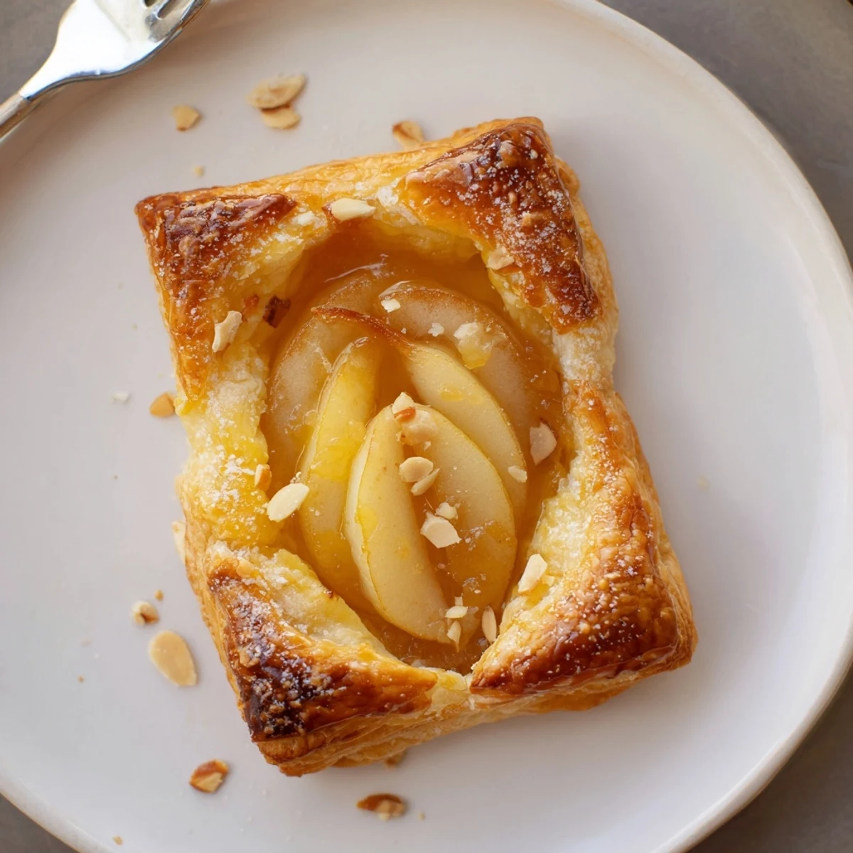 Pear Puff Pastry Recipe glazed with apricot, steam rising, served with ice cream