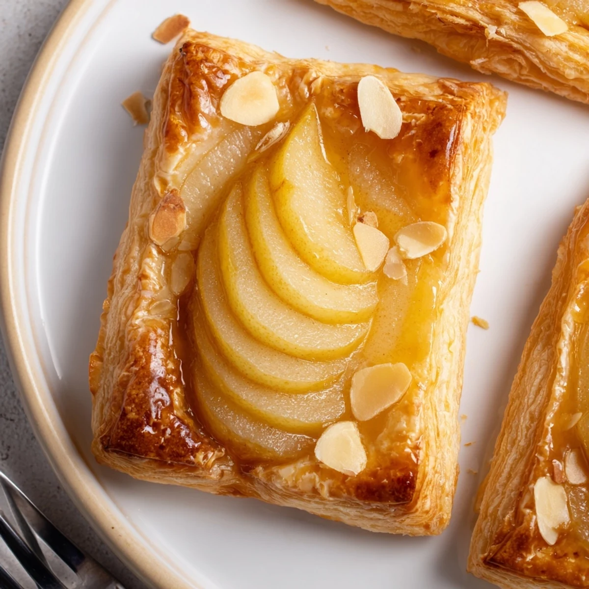 Individual Pear Puff Pastry Recipe on parchment, brushed egg wash, cinnamon aroma