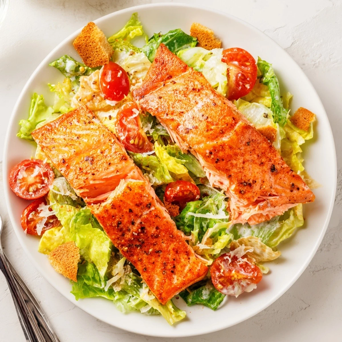 Smoky Salmon Caesar Salad Recipe with flaky roasted salmon, crisp romaine, tangy dressing