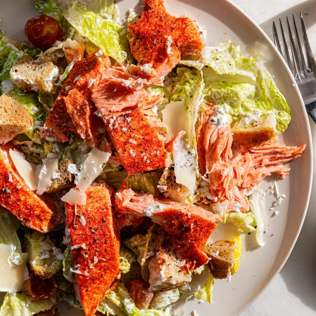 Plate shows Smoky Salmon Caesar Salad Recipe topped with crunchy garlic croutons