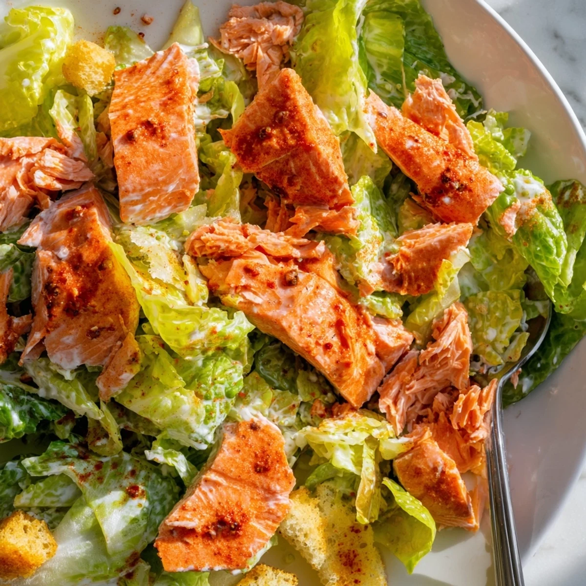 Bright lemon-dressed Smoky Salmon Caesar Salad Recipe, flaky fish and shaved Parmesan