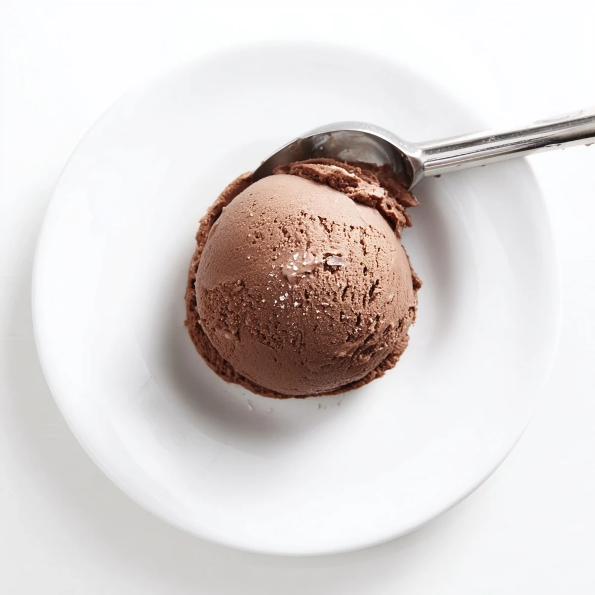 Rich chocolate sourdough ice cream garnished with flaky sea salt on a rustic wooden board