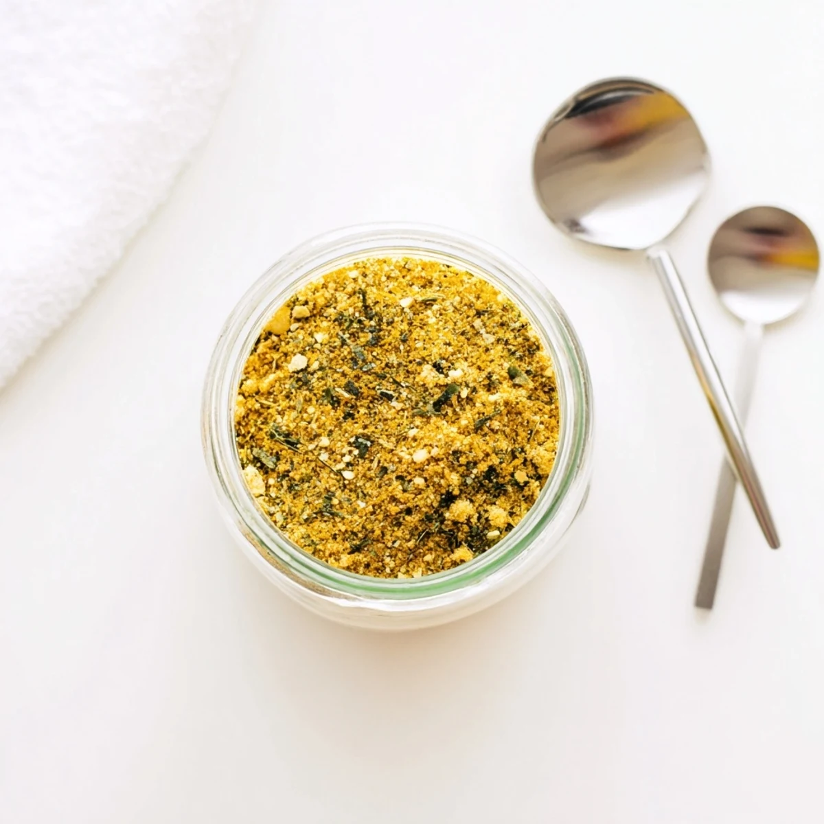 Homemade gluten free ramen seasoning blend displayed in a glass jar with a rustic wooden spoon