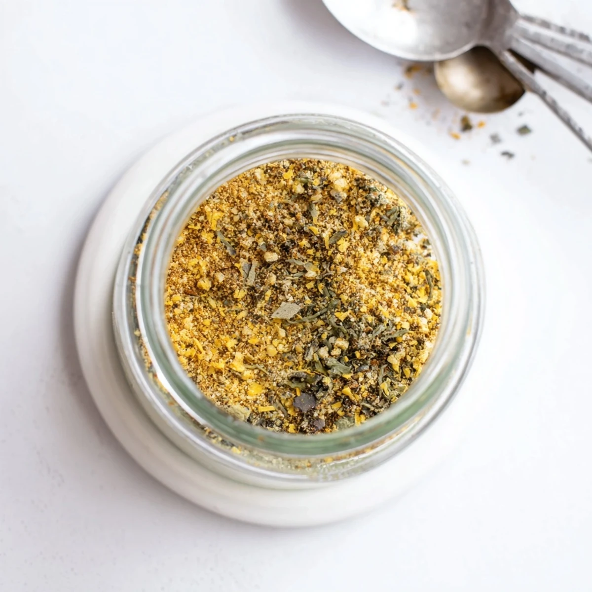 Golden brown gluten free ramen seasoning sprinkled over steaming noodles in a white ceramic bowl