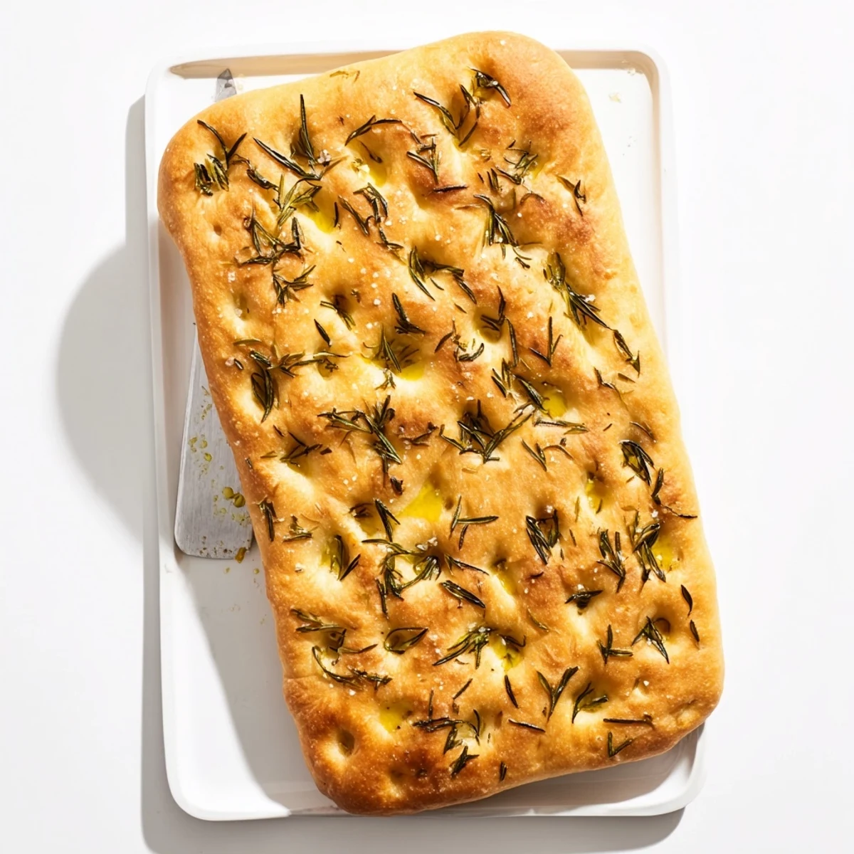 Golden homemade focaccia bread topped with fresh rosemary and flaky sea salt on a wooden board