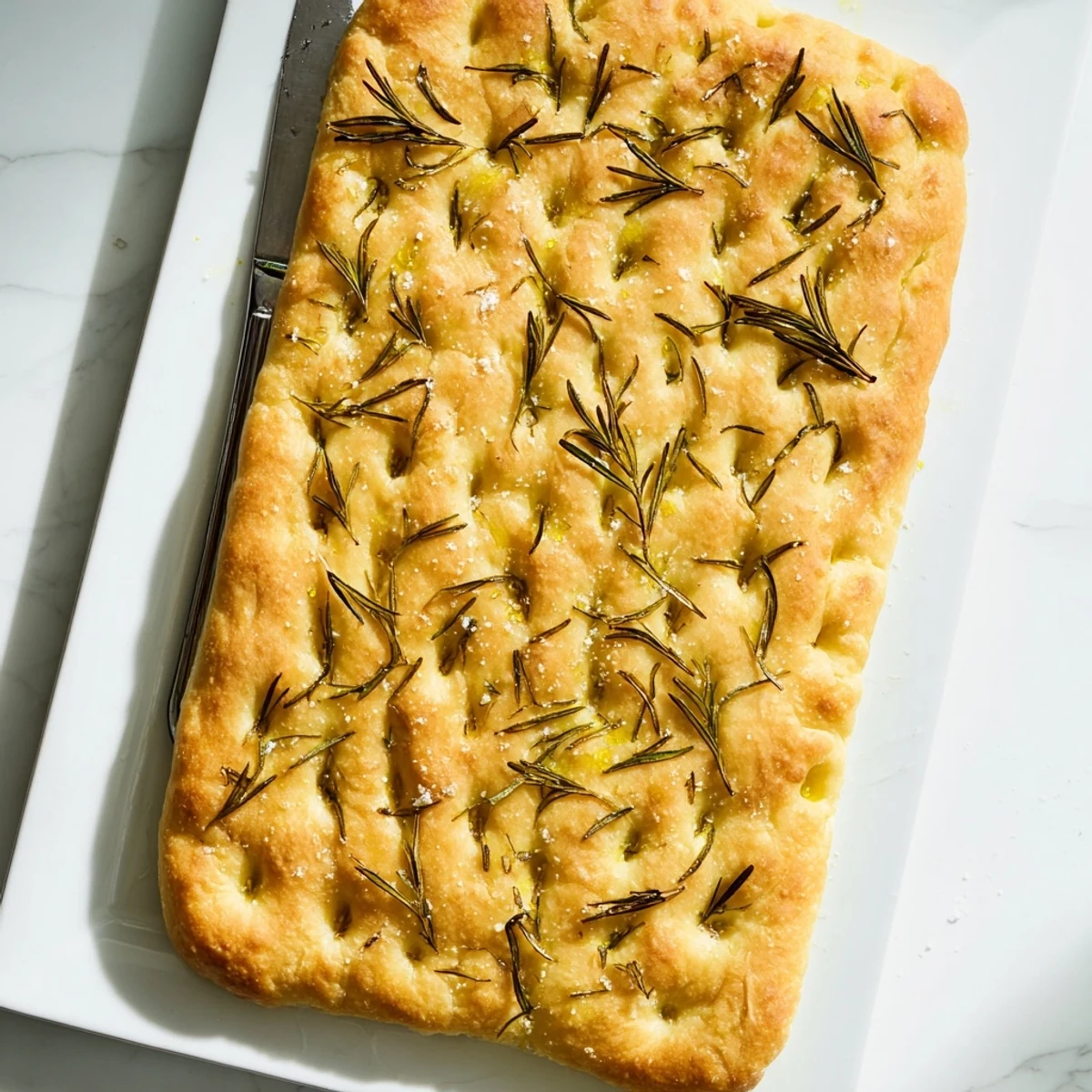 Rustic Italian focaccia displaying airy dimpled interior with crisp golden crust and herb olive oil drizzle