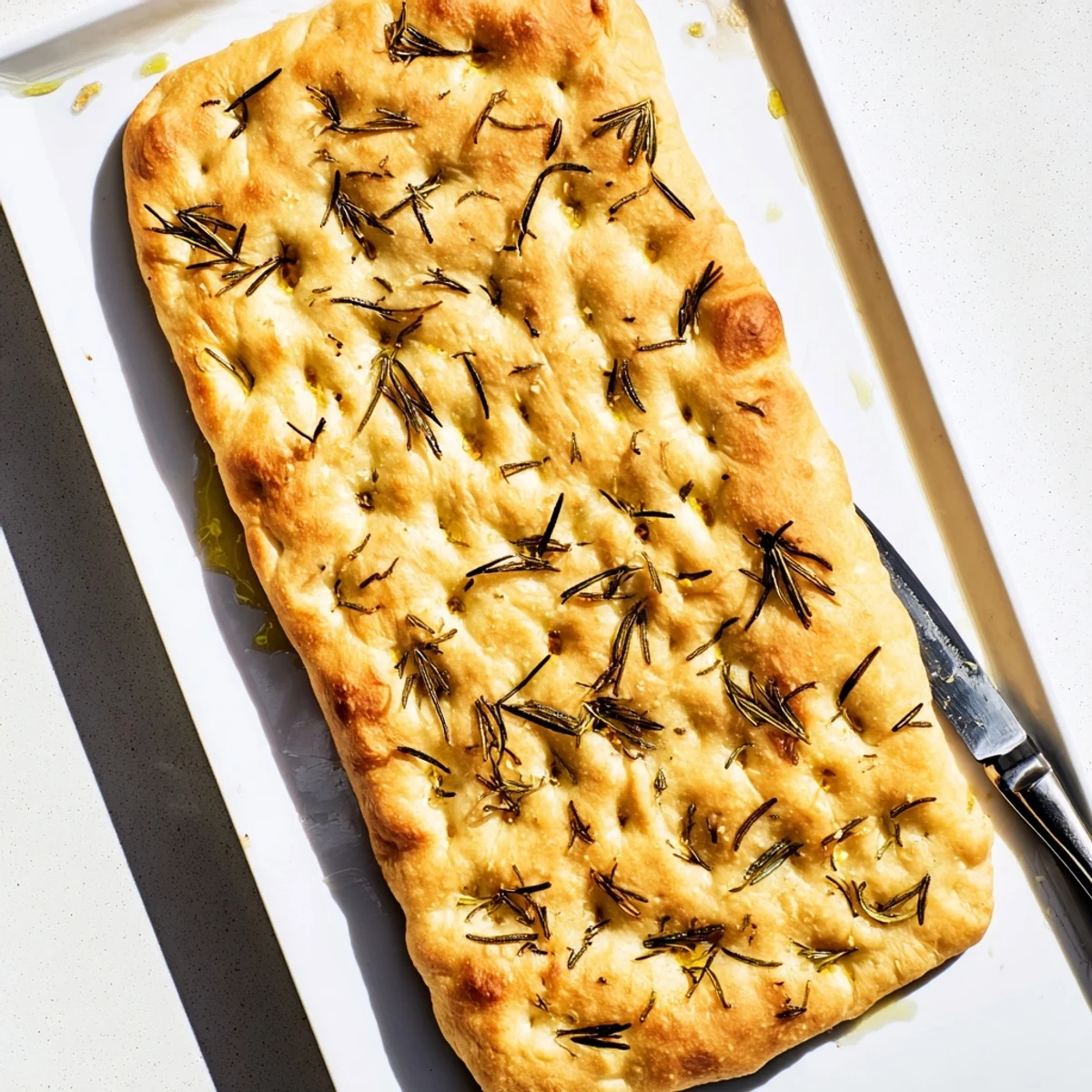 Freshly baked focaccia flatbread sprinkled with rosemary leaves and coarse salt perfect for dipping