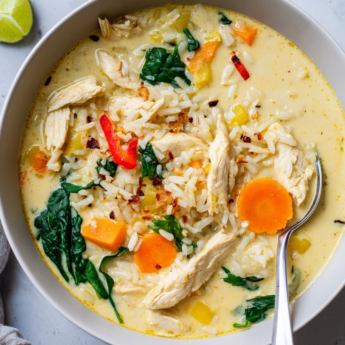 Steaming bowl of Golden Coconut Chicken Rice Soup with cilantro and lime