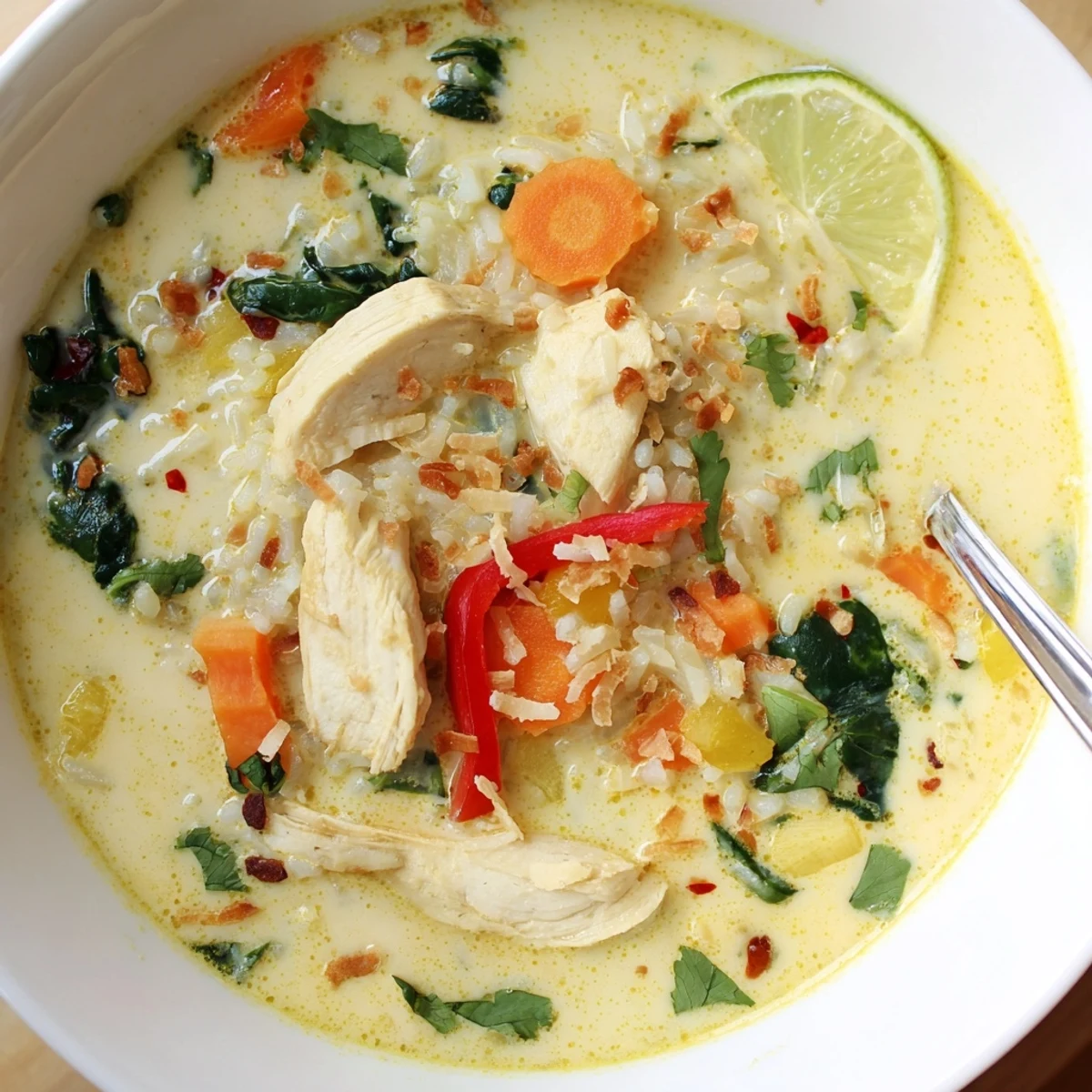 Creamy Golden Coconut Chicken Rice Soup spooned into a rustic bowl, aromatic