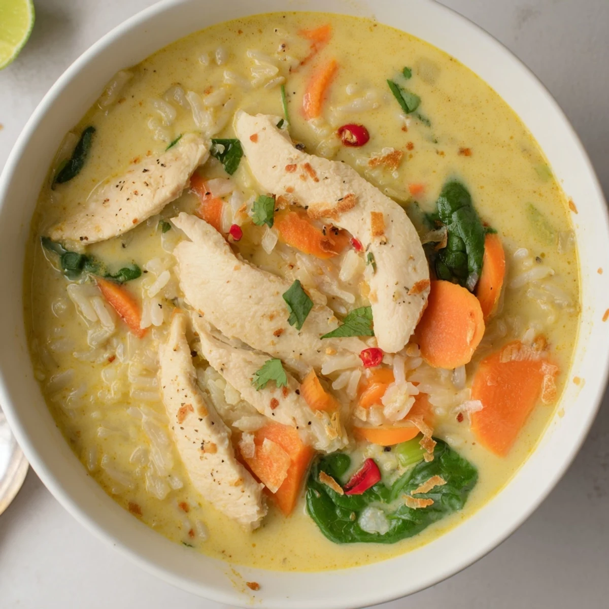 Easy weeknight Golden Coconut Chicken Rice Soup topped with toasted coconut flakes